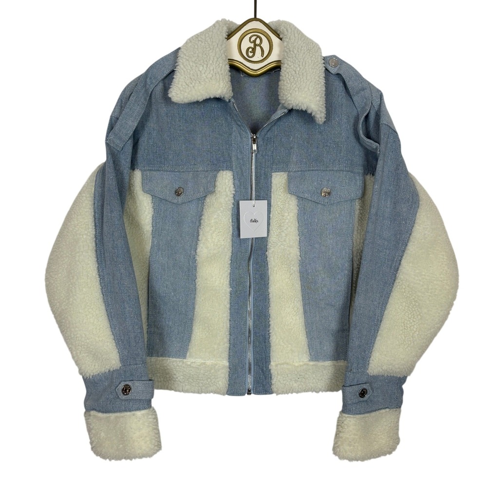 Y2K Sherpa Denim Jacket Faux Shearling Coat MEDIUM Blue Western Cowgirl Winter